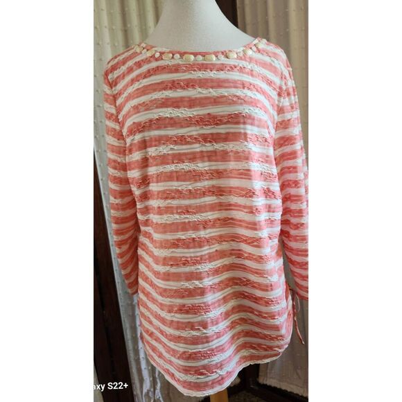 +6 Ruby Rd coral and cream stripe top. Beads around neckline and tie at one side - Picture 2 of 11